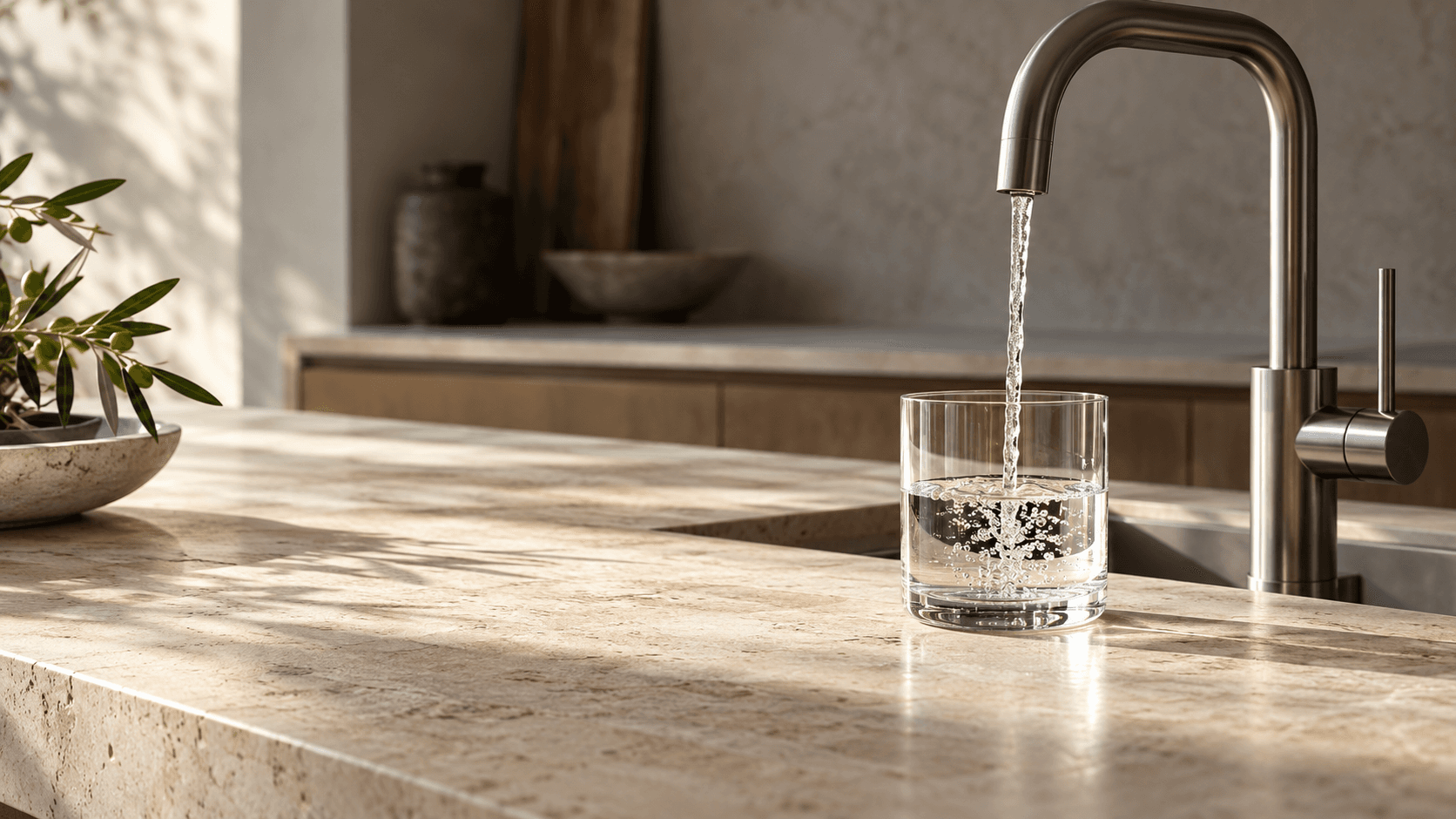 Vaso de agua en una cocina